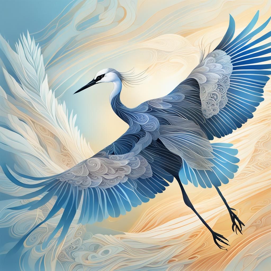 Crane in Flight with Fractal Feather Details