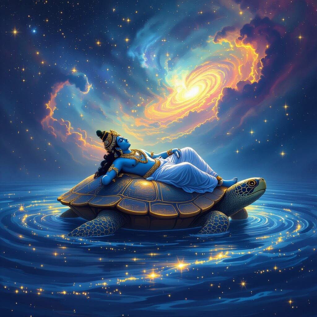 Lord Vishnu Rests on Cosmic Turtle in Nebula