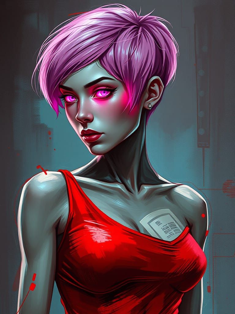 Cyborg Spy Girl Radiates Neon Pink in Dynamic Oil Painting S...