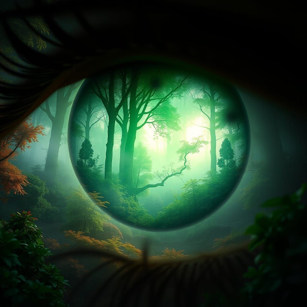 Fantastical Forest Scene in a Bright Green Eye
