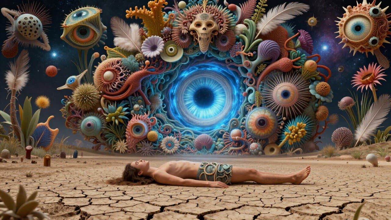Surreal Bio-Art: Figure Under Cosmic Vortex