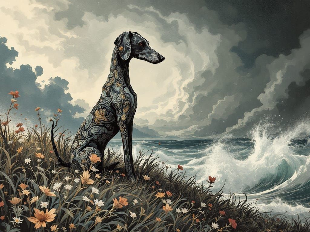 Art Nouveau Dog Amidst Autumn Storm
