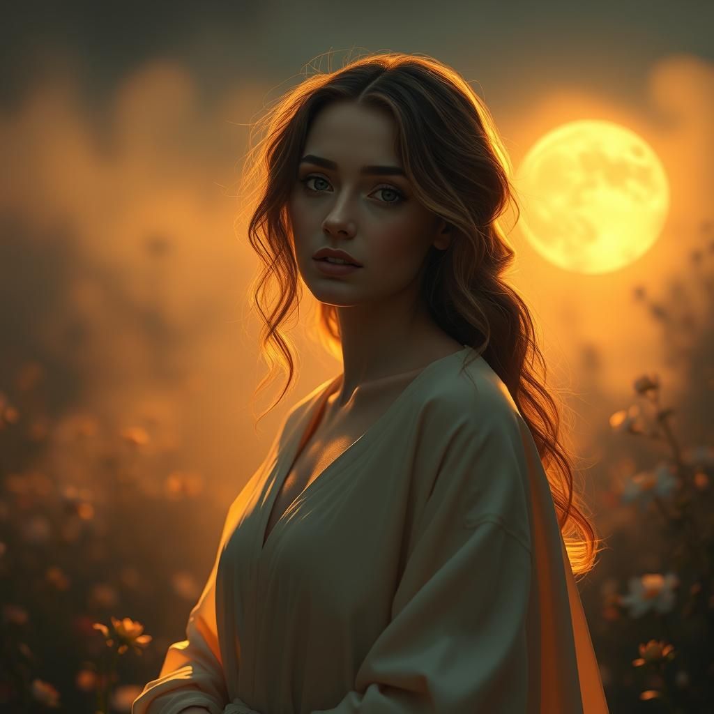 Serene Woman in Moonlit Garden, Surrealist Style