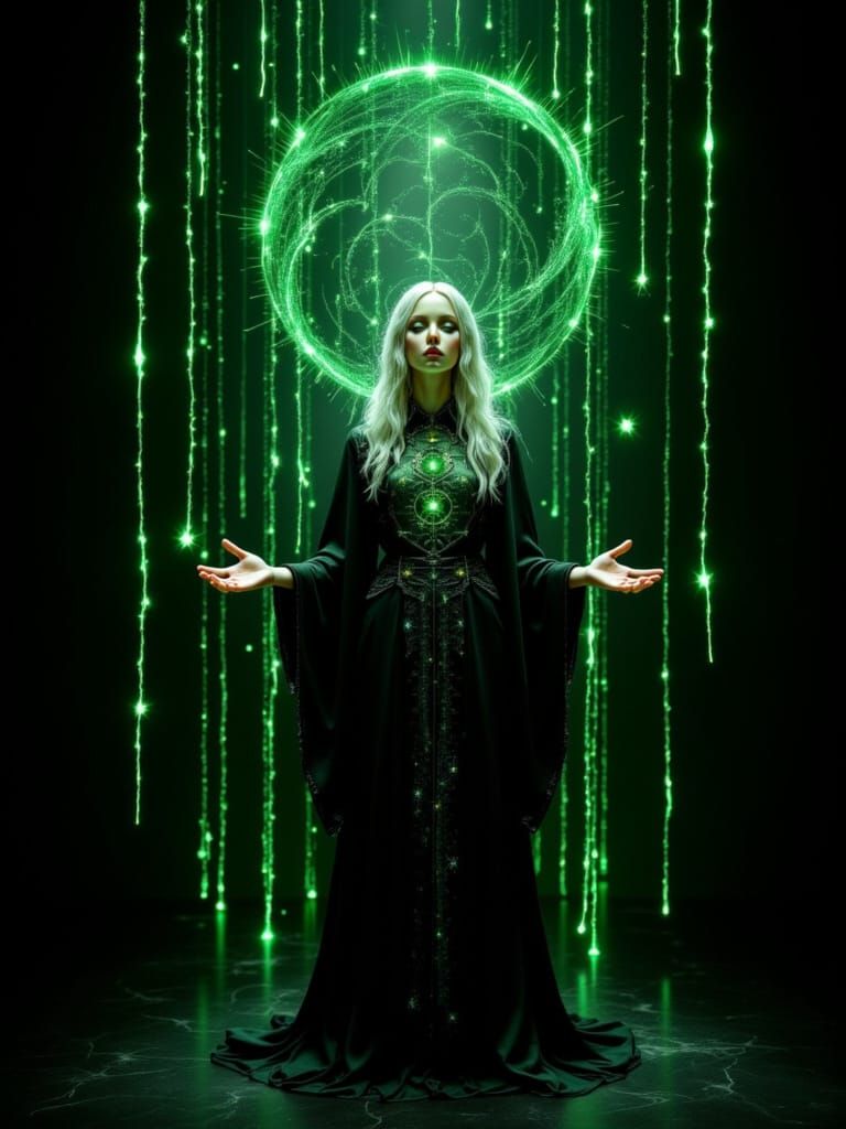 female mage in glowing green code strings