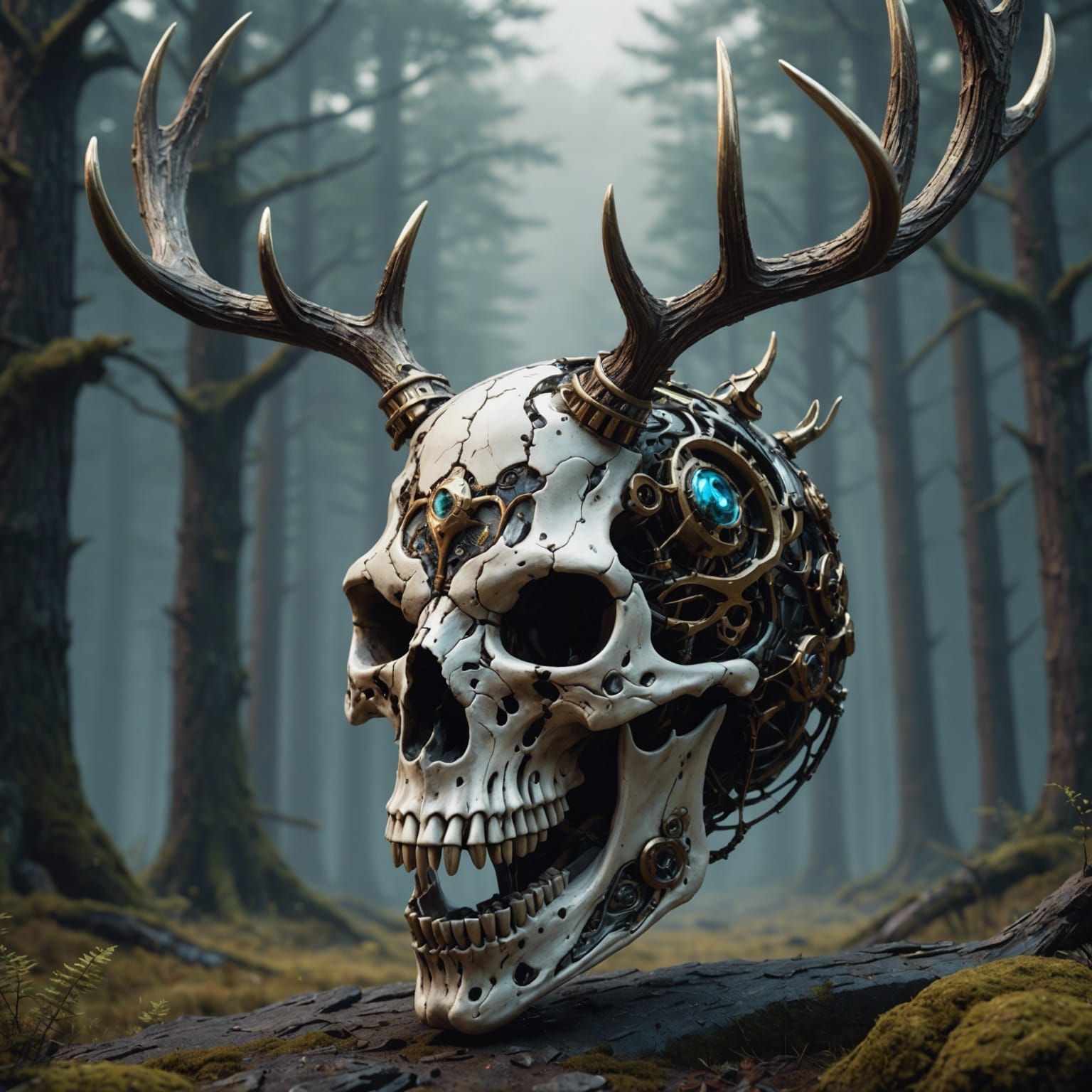 Cyborg Elk Skull with Antlers in Detailed Matte Painting