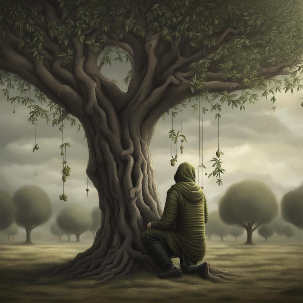 Figure Waiting in Olive Tree, Anton Semenov Style