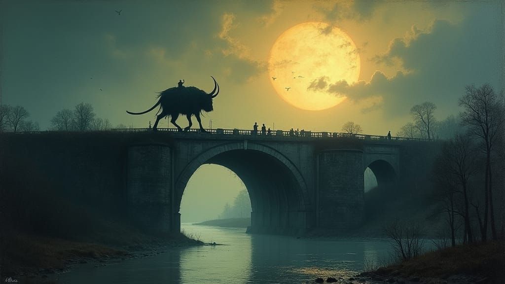 Gothic Demon Flying Over Bridge at Night