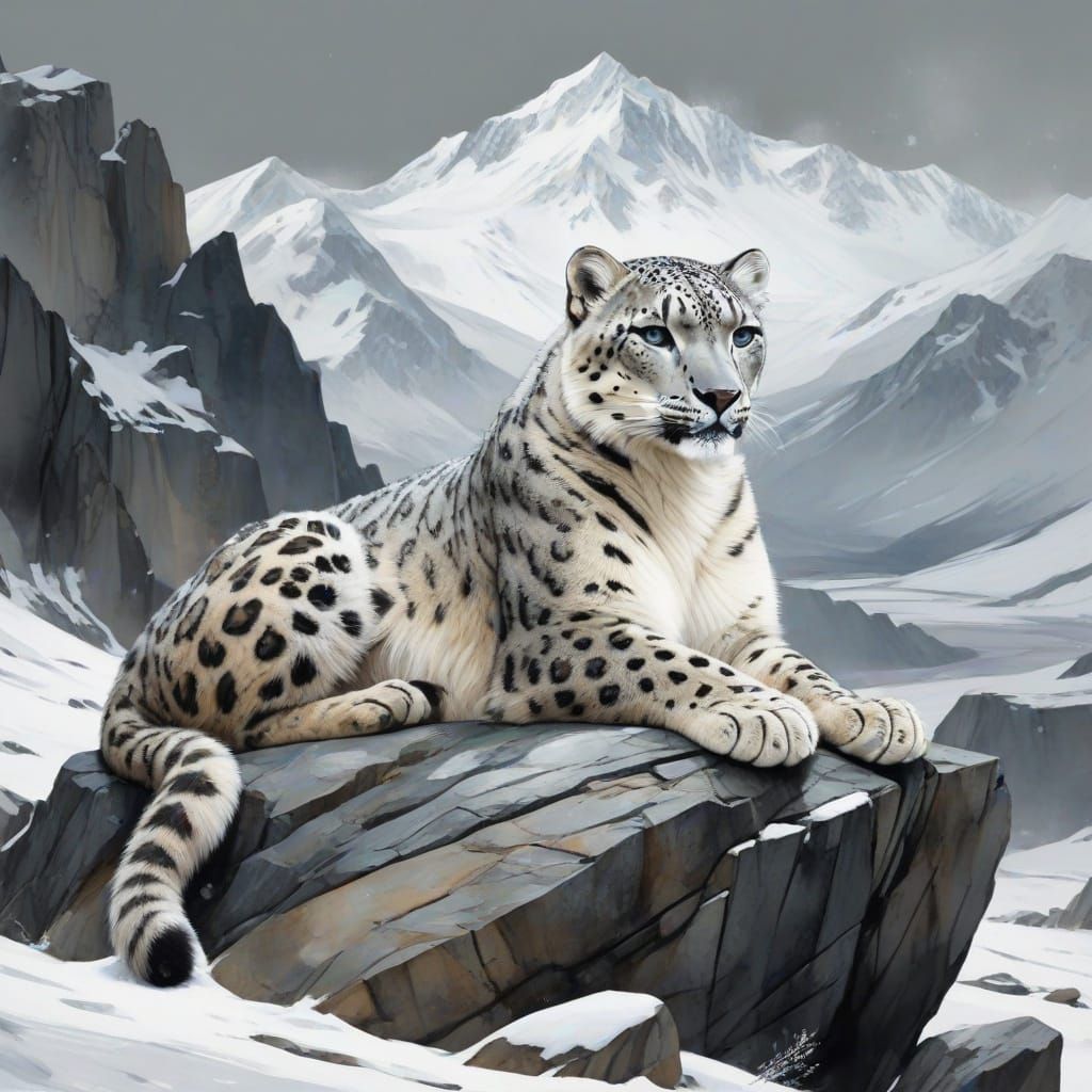 Enchanted Snow Leopard Amidst Snowy Mountains in Whimsical A...