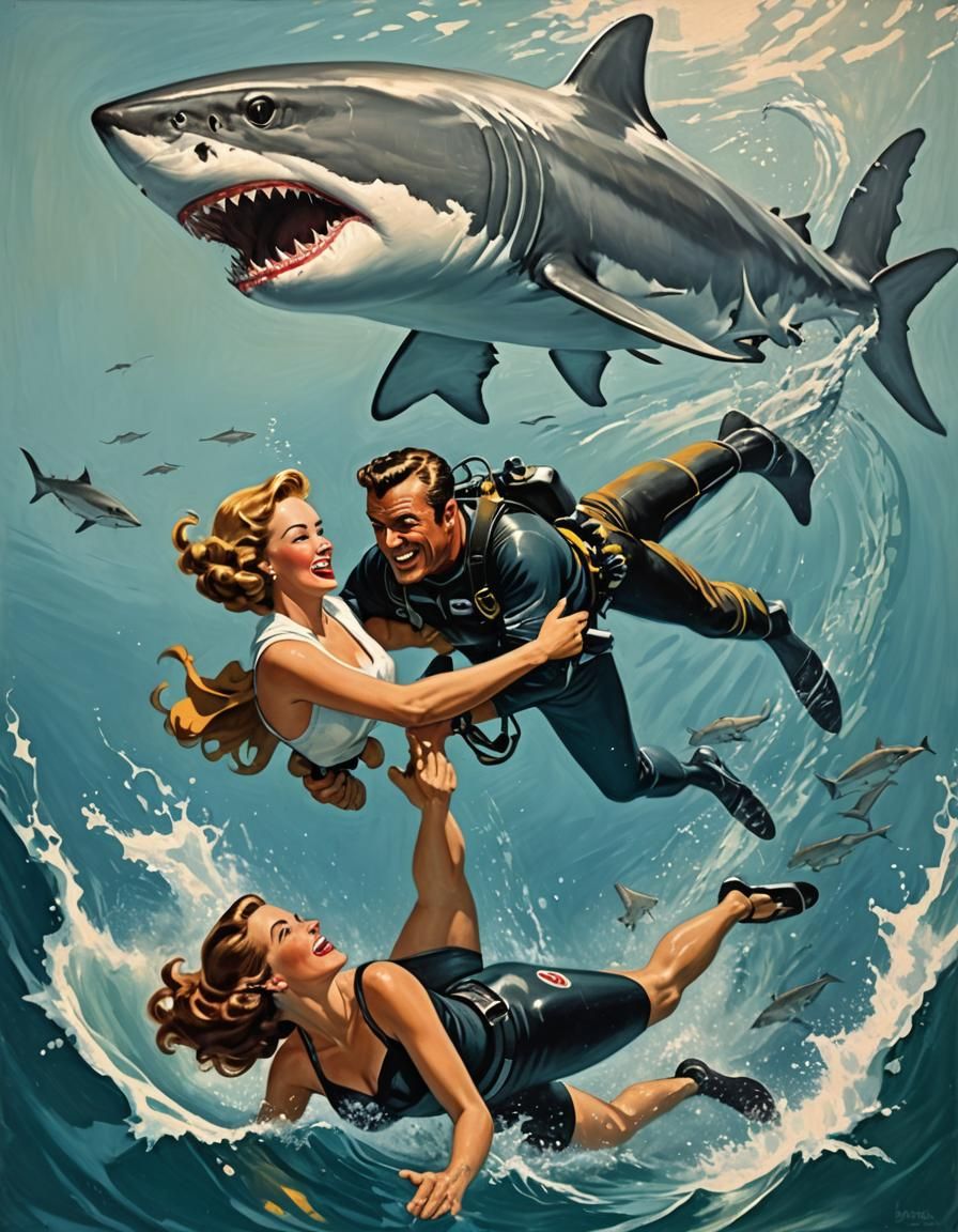 Scuba Diver Rescues Woman From Shark: Vintage Illustration