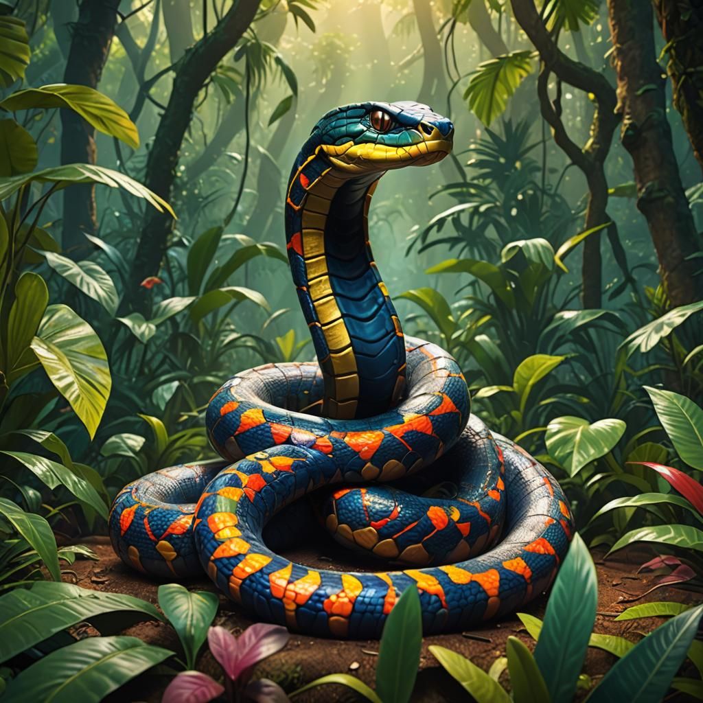 Jeweled King Cobra in Jungle: 3D Digital Art
