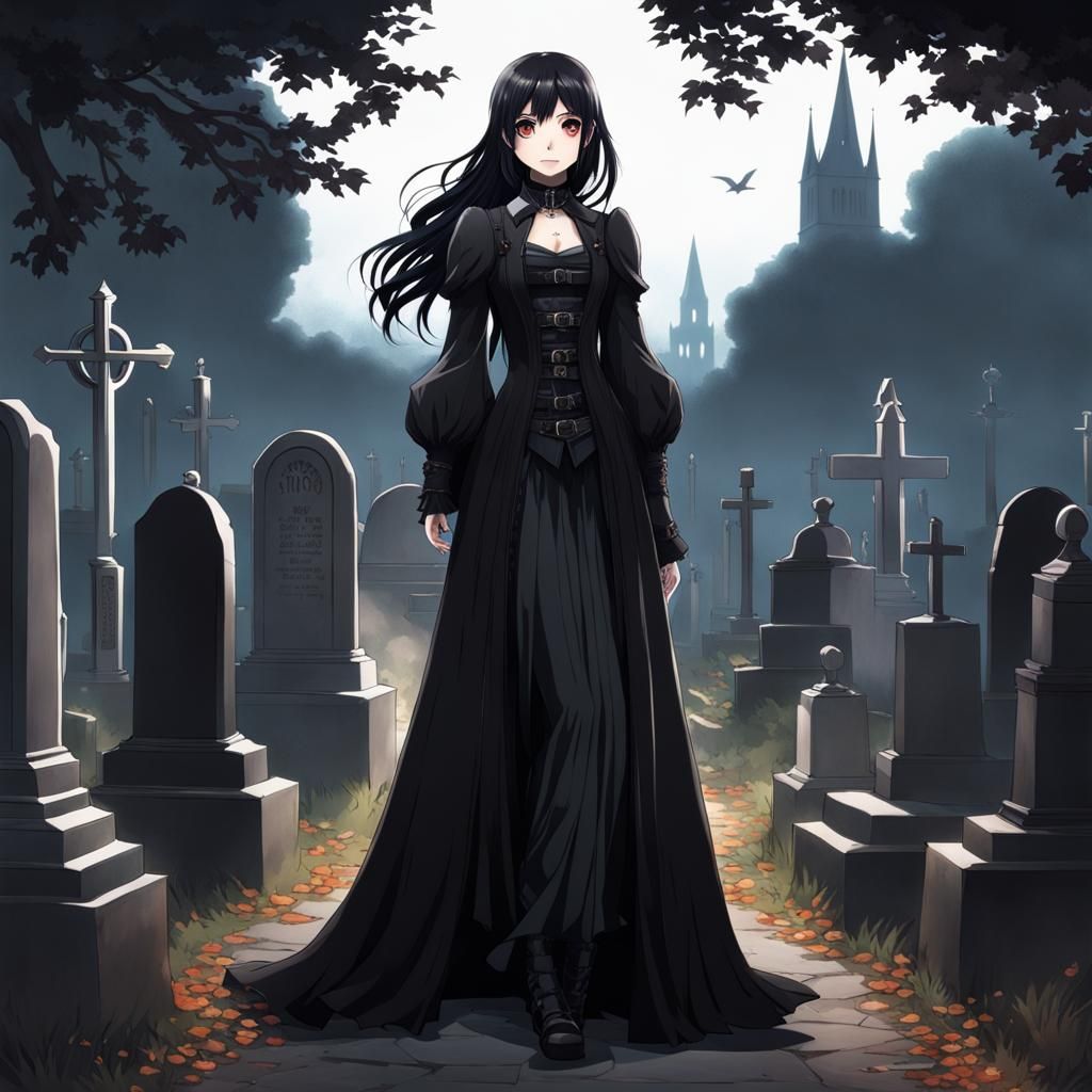 Goth Anime Girl Hunting Ghosts in Cemetery