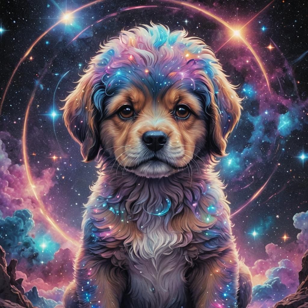 Holographic Cosmic Puppy Illustration in Astral Style