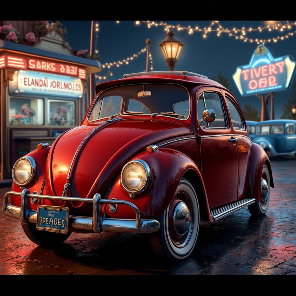 Vintage VW Bug at Drive-In Theater in Cinematic Style
