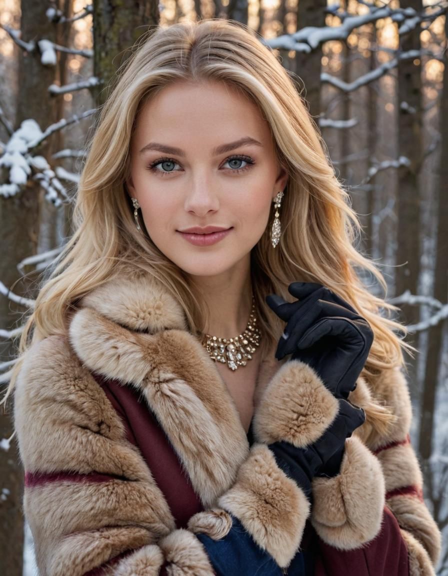 Blonde Model in Snowy Forest, Photorealistic Portrait
