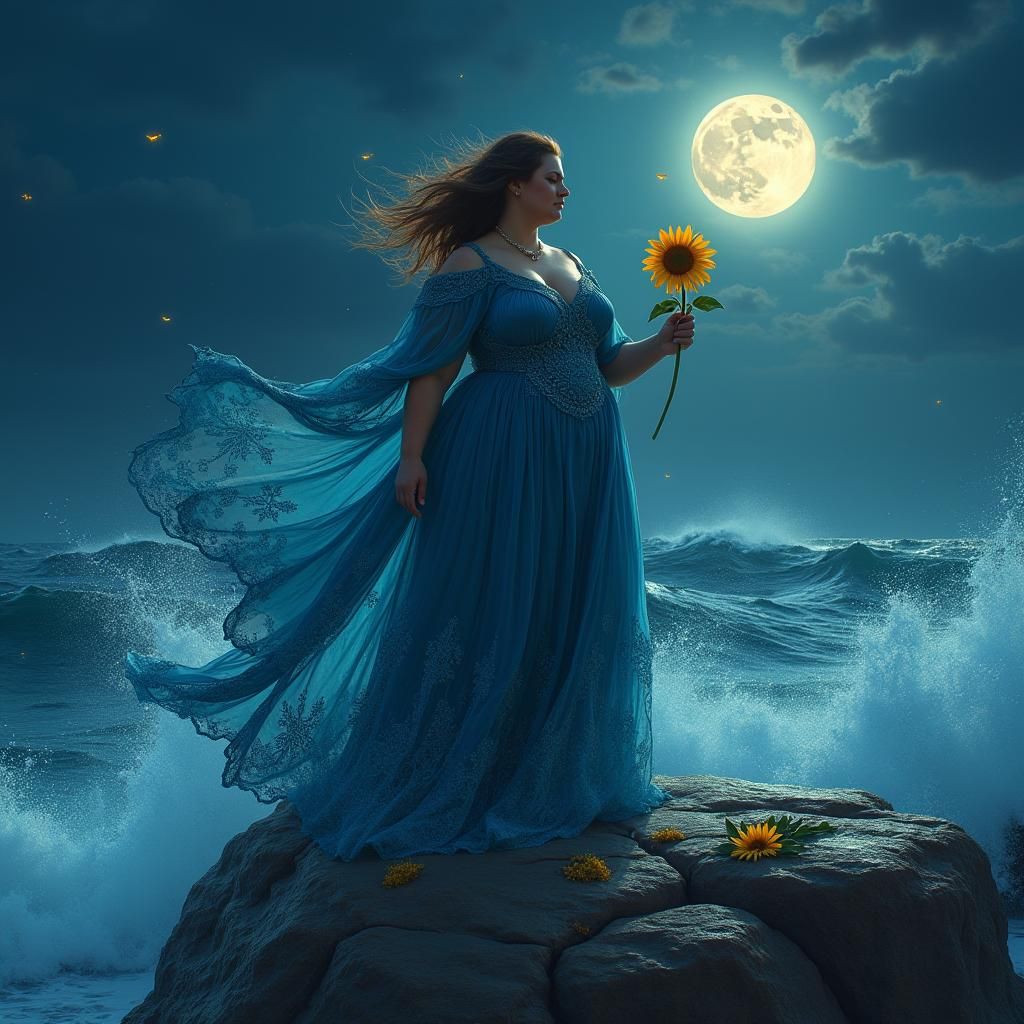 Resilient Woman on Windswept Cliff in Storm