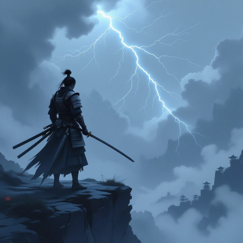 Samurai Warrior on Cliff Edge in Cyberpunk Sumi-e Style
