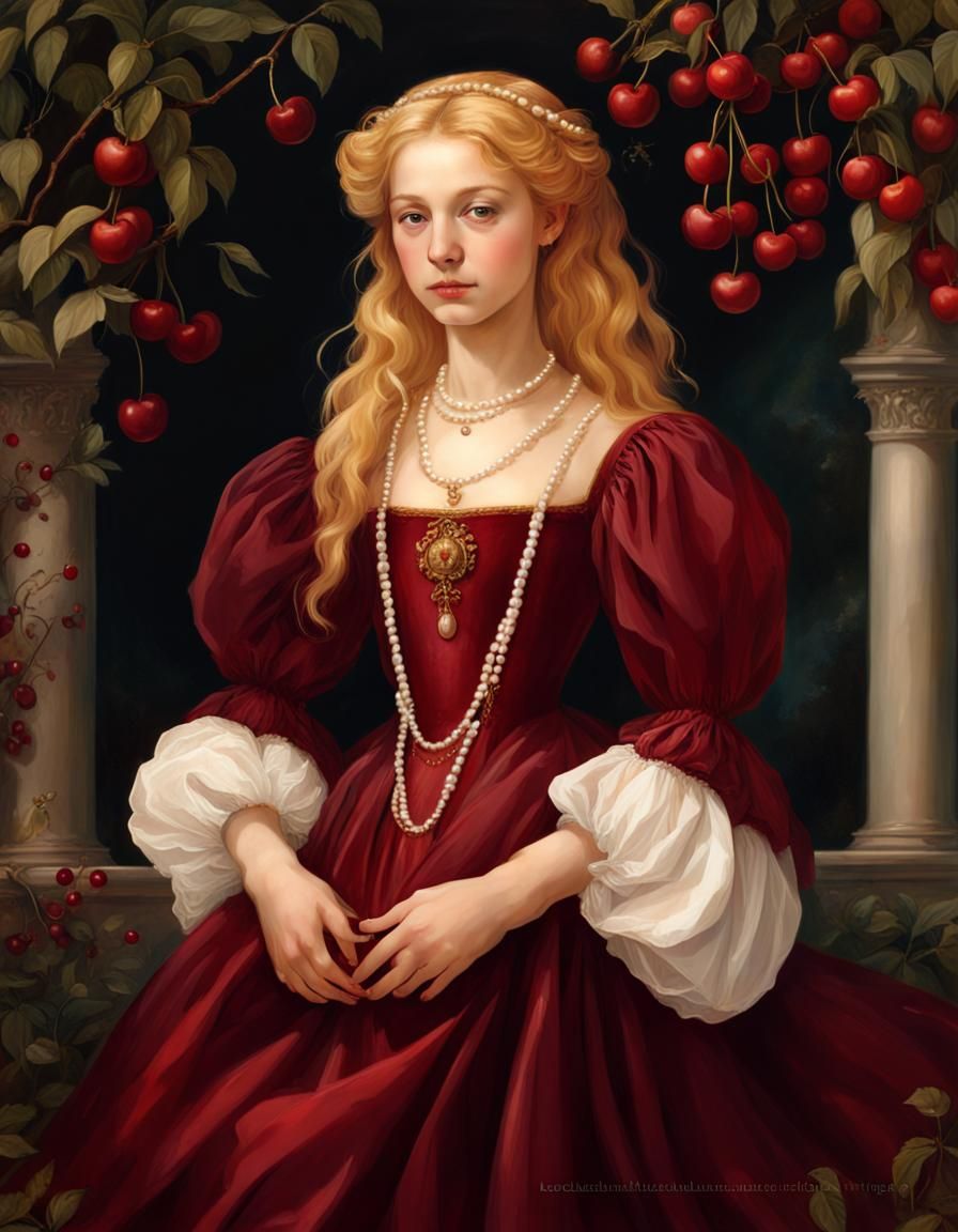 Renaissance Girl in Red Gown in Cherry Garden