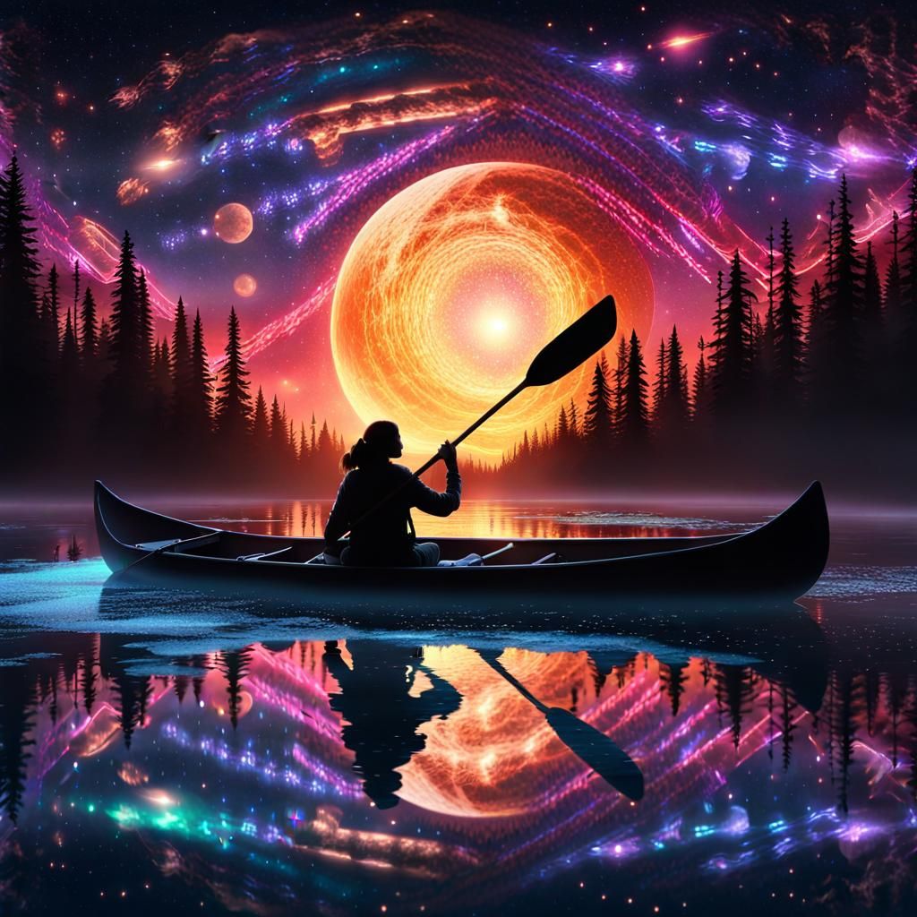 Cosmic River Canoe Silhouette in Digital Art Style