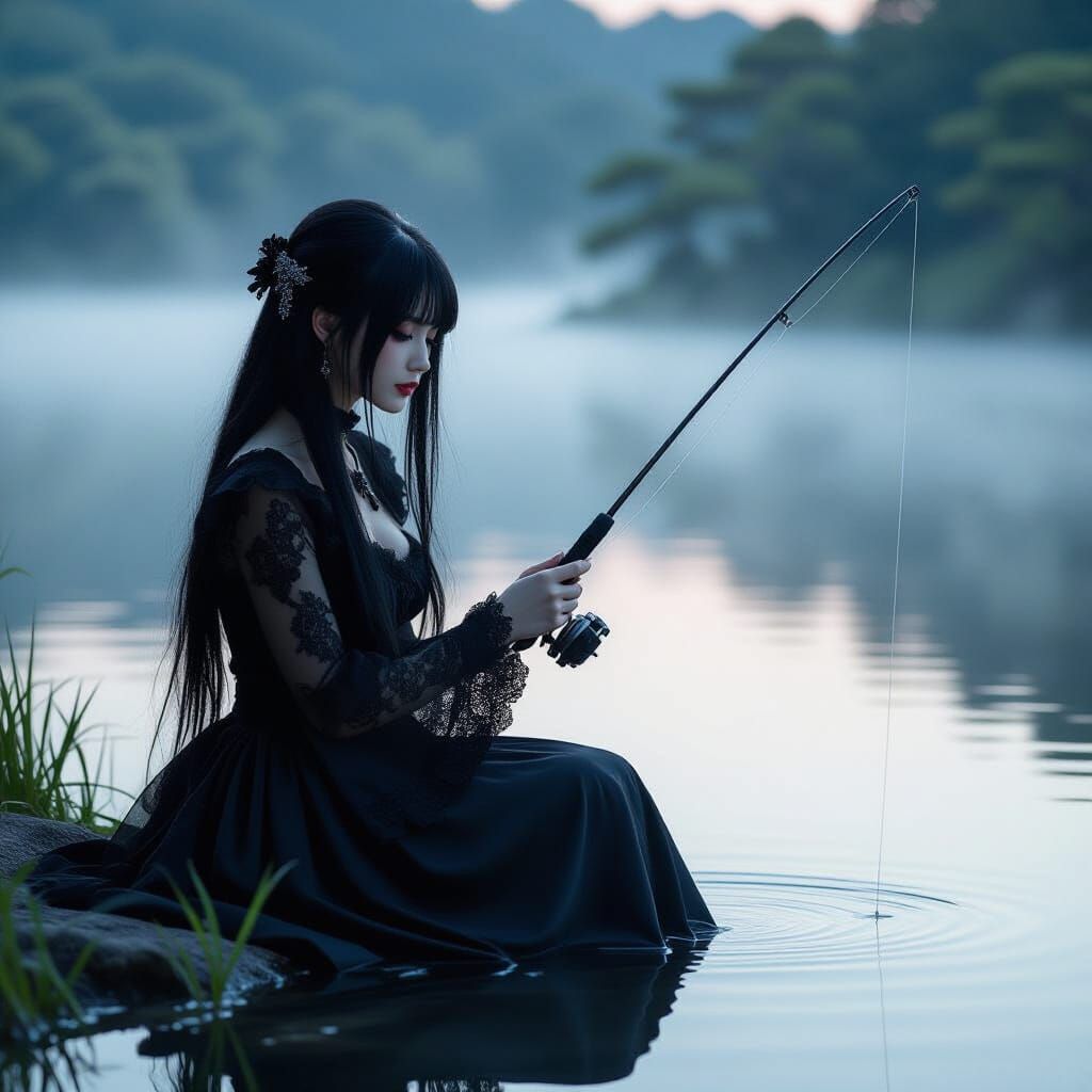 Gothic Woman Fishing on Misty Lake at Dawn
