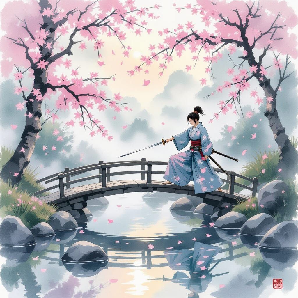 Samurai Woman in Tranquil Garden at Dawn