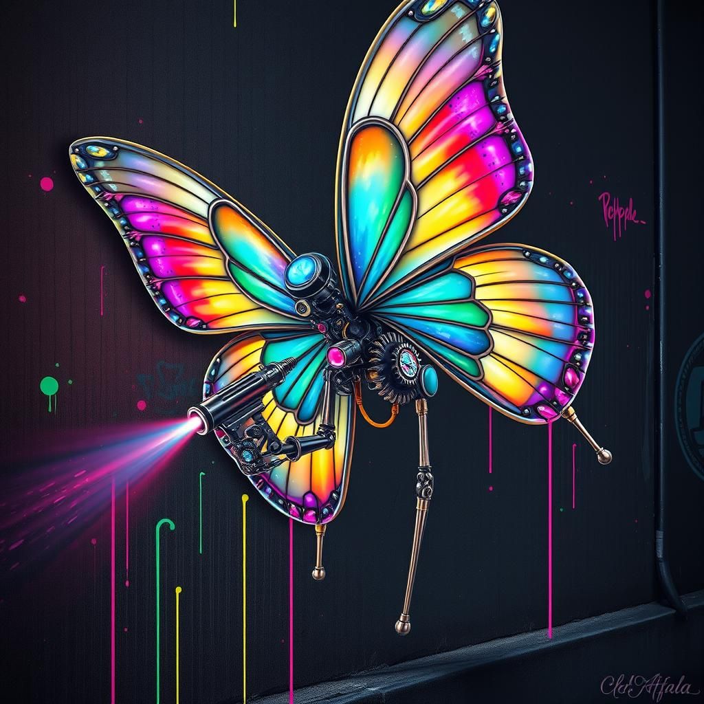 Mechanical Butterfly Graffiti in Steampunk Style