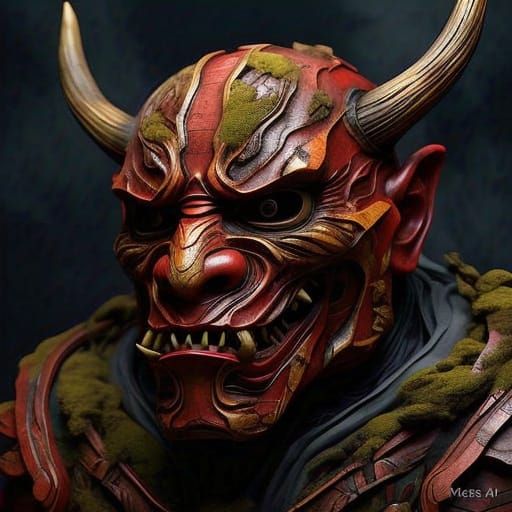 Ancient Red Oni Mask in Dramatic, High-Contrast Landscape