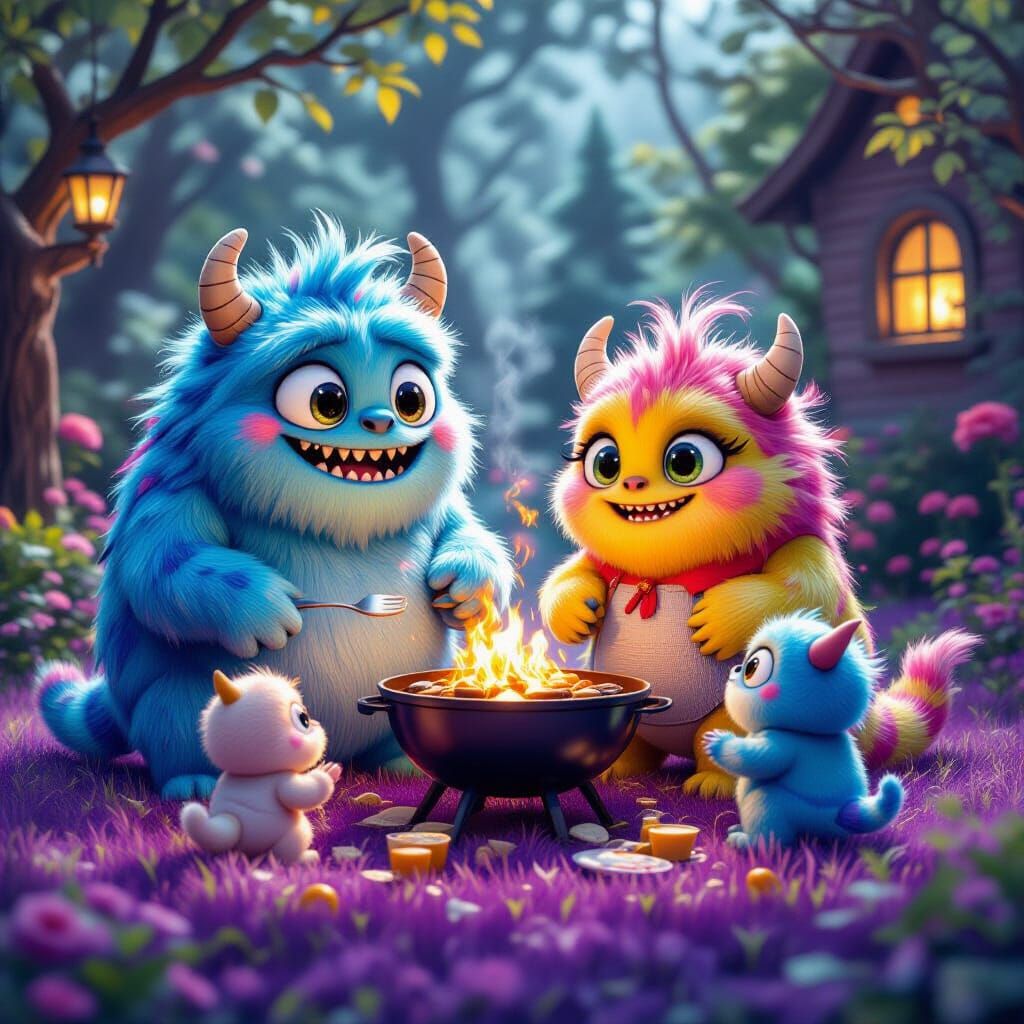 Adorable Monster Family Barbecue in Spooky-Cute Garden