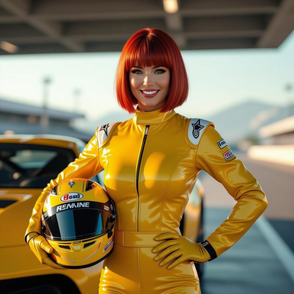 Female Racer in Yellow Latex Jumpsuit with Sports Car