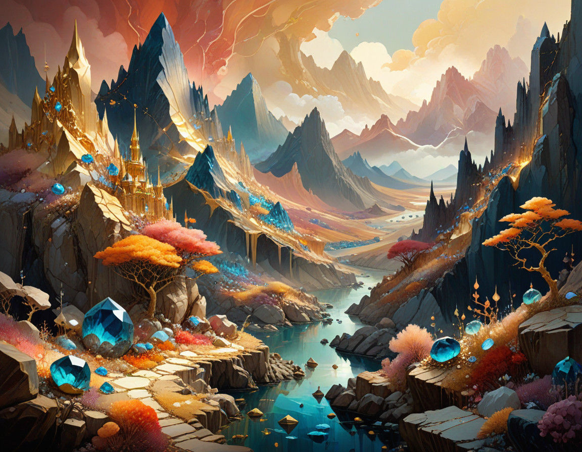 Surrealist Landscape Mosaic in Warm Gold and Multicolored Ge...