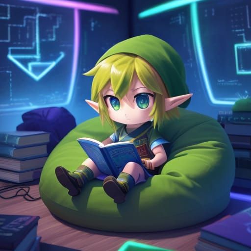 Chibi Link Relaxing in a Neon Cozy Room