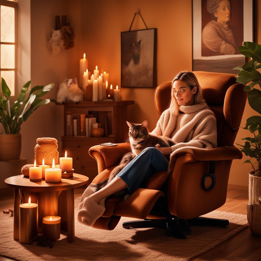 Cozy Living Room with Woman, Cat, and Candles