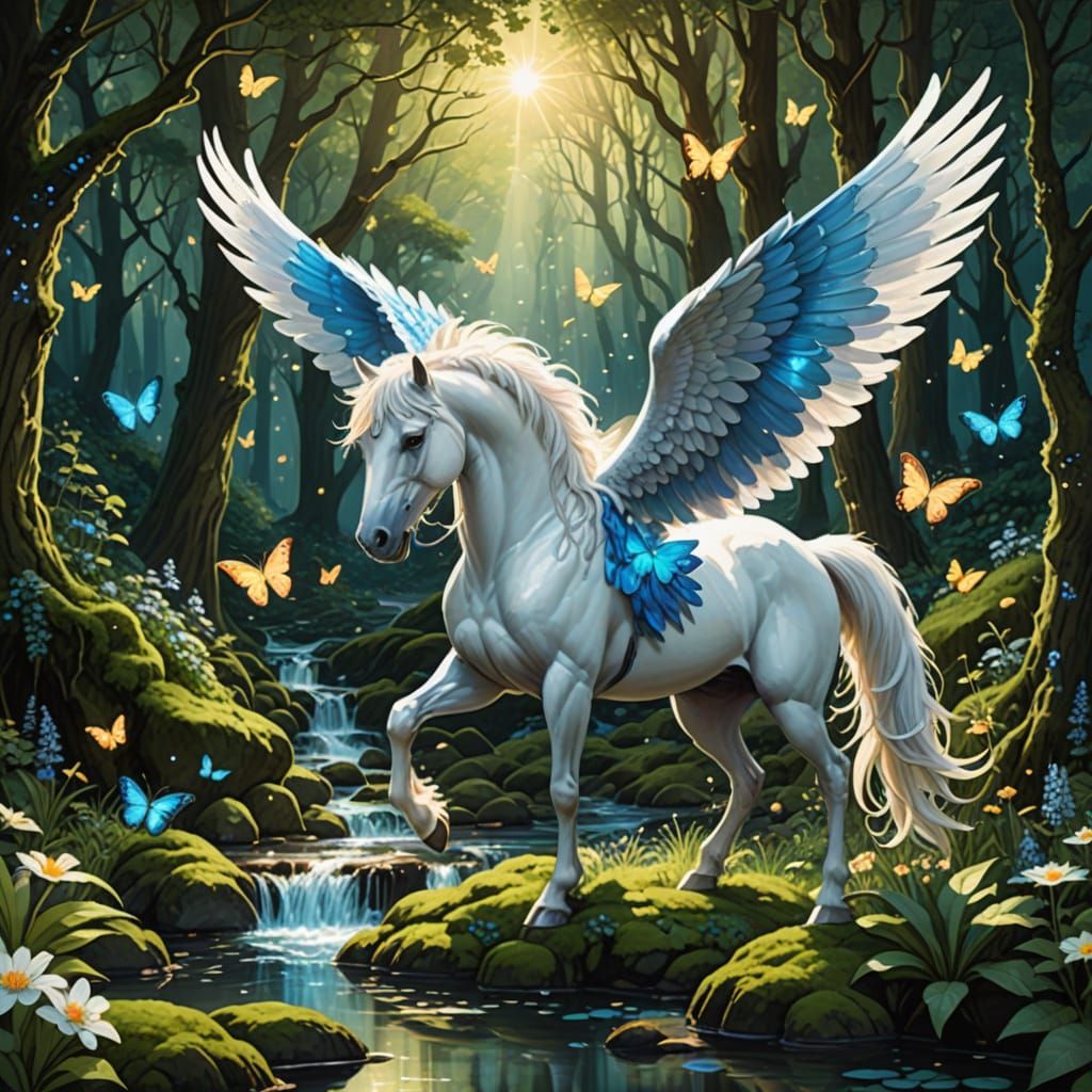 Majestic Pegasus Drinks From Glowing Forest Stream