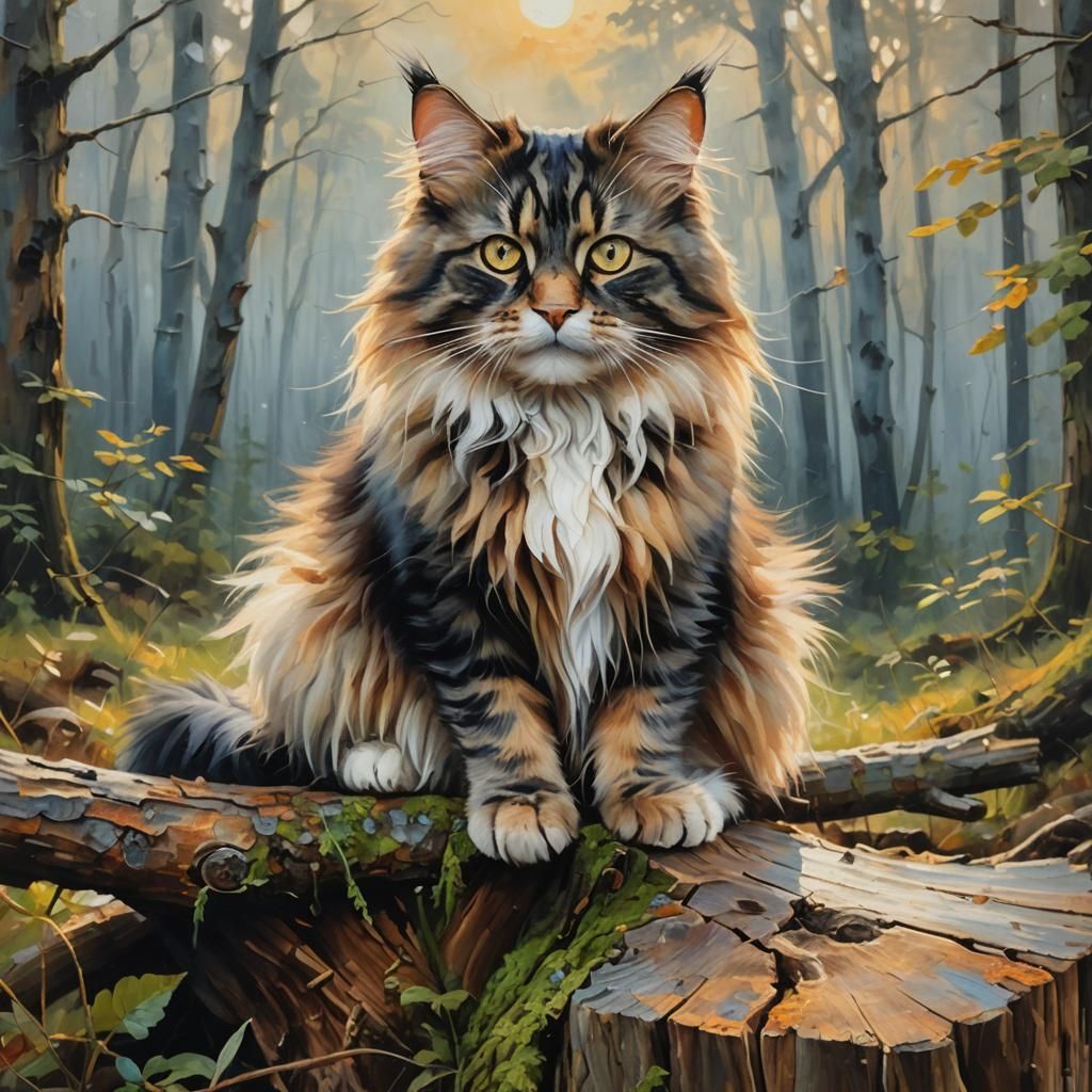 Norwegian Forest Cat in Misty Forest, Van Gogh Oil Painting