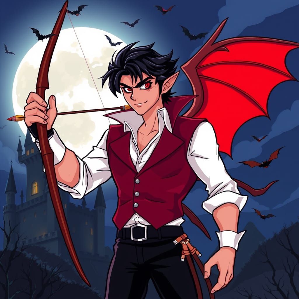 Vampire Archer with Bat Wings Ready to Shoot Under Full Moon