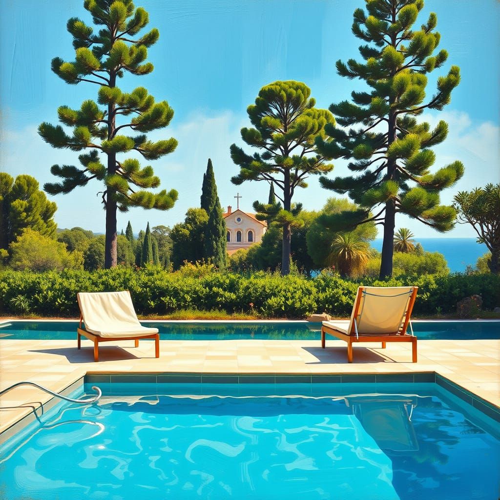 Serene Pool Scene in Abstract Oil Painting Style