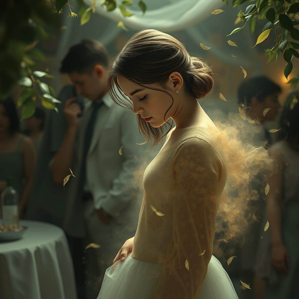 Girl Dissolving into Leaves in Impressionist Style