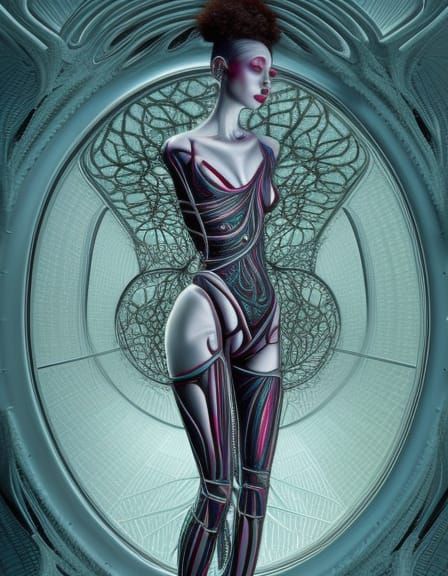 Intricate Cybernetic Woman in Glass Cube