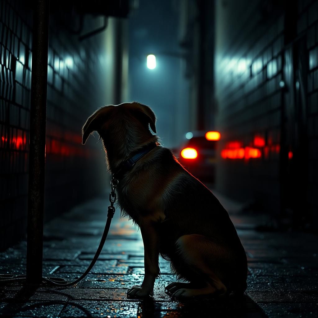Sad Dog in Rainy Alley: Cinematic Photograph