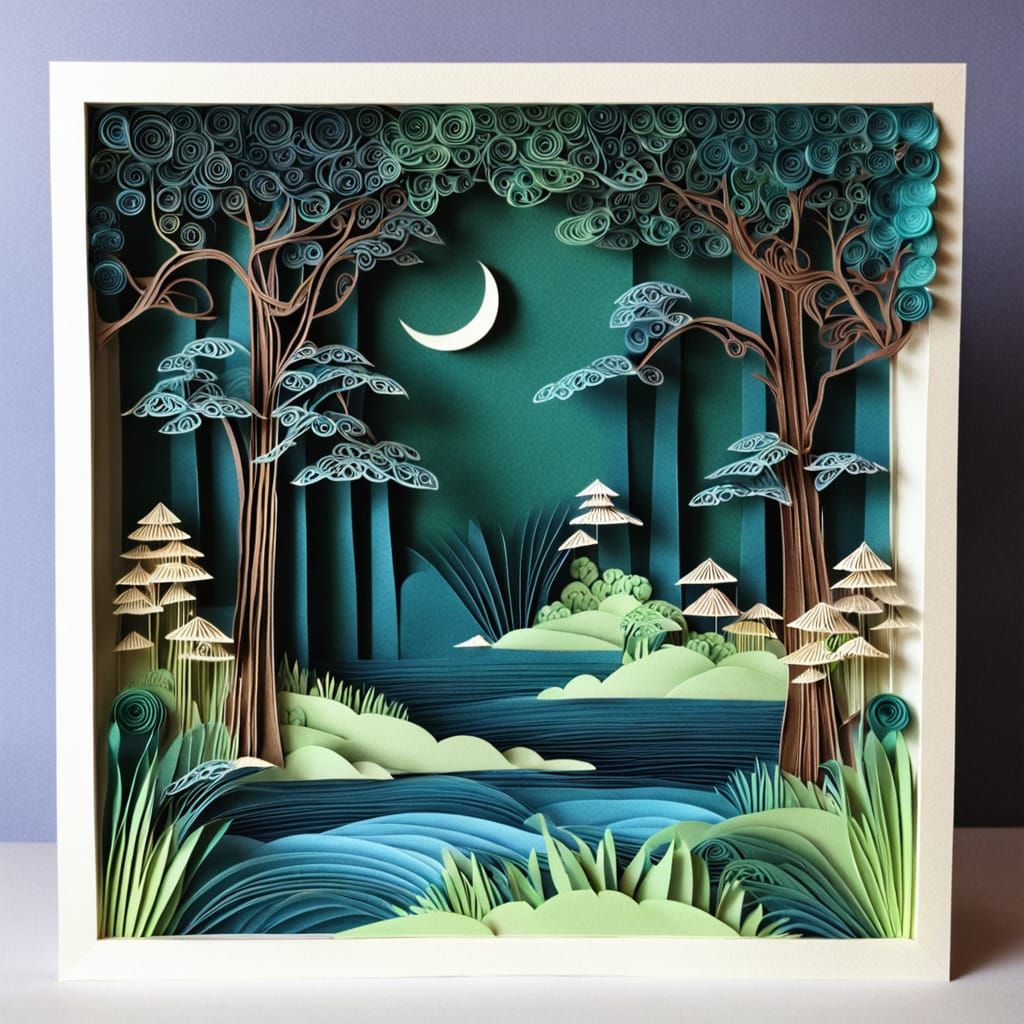 Dramatic Forest Scene in Japanese Kirigami Style