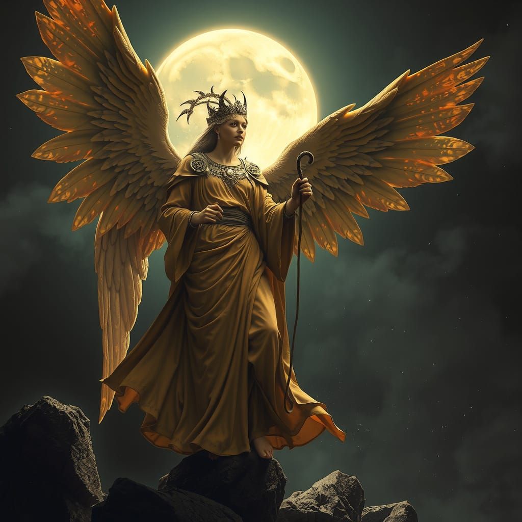 Majestic Angel Controlling the Moon in Cosmic Horror Style