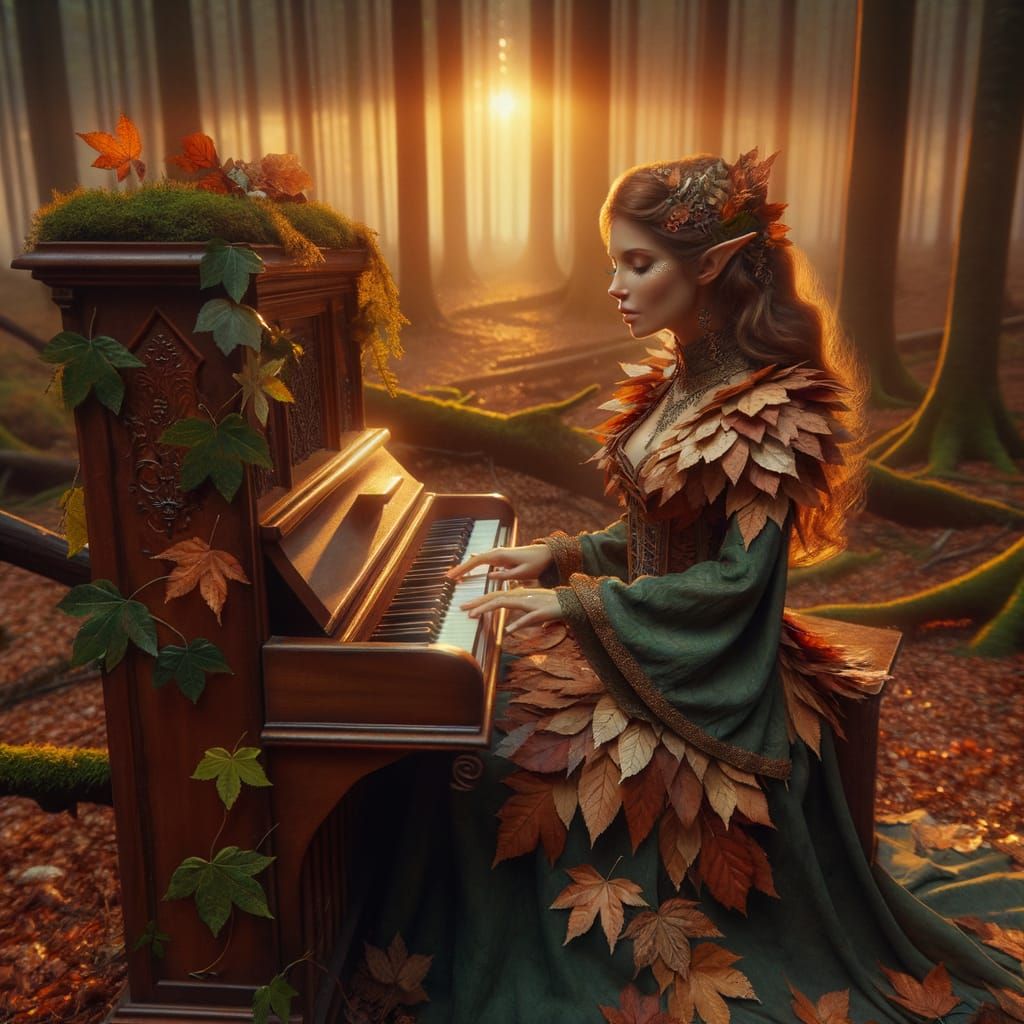 Elf Maiden Plays Piano in Enchanted Autumn Forest