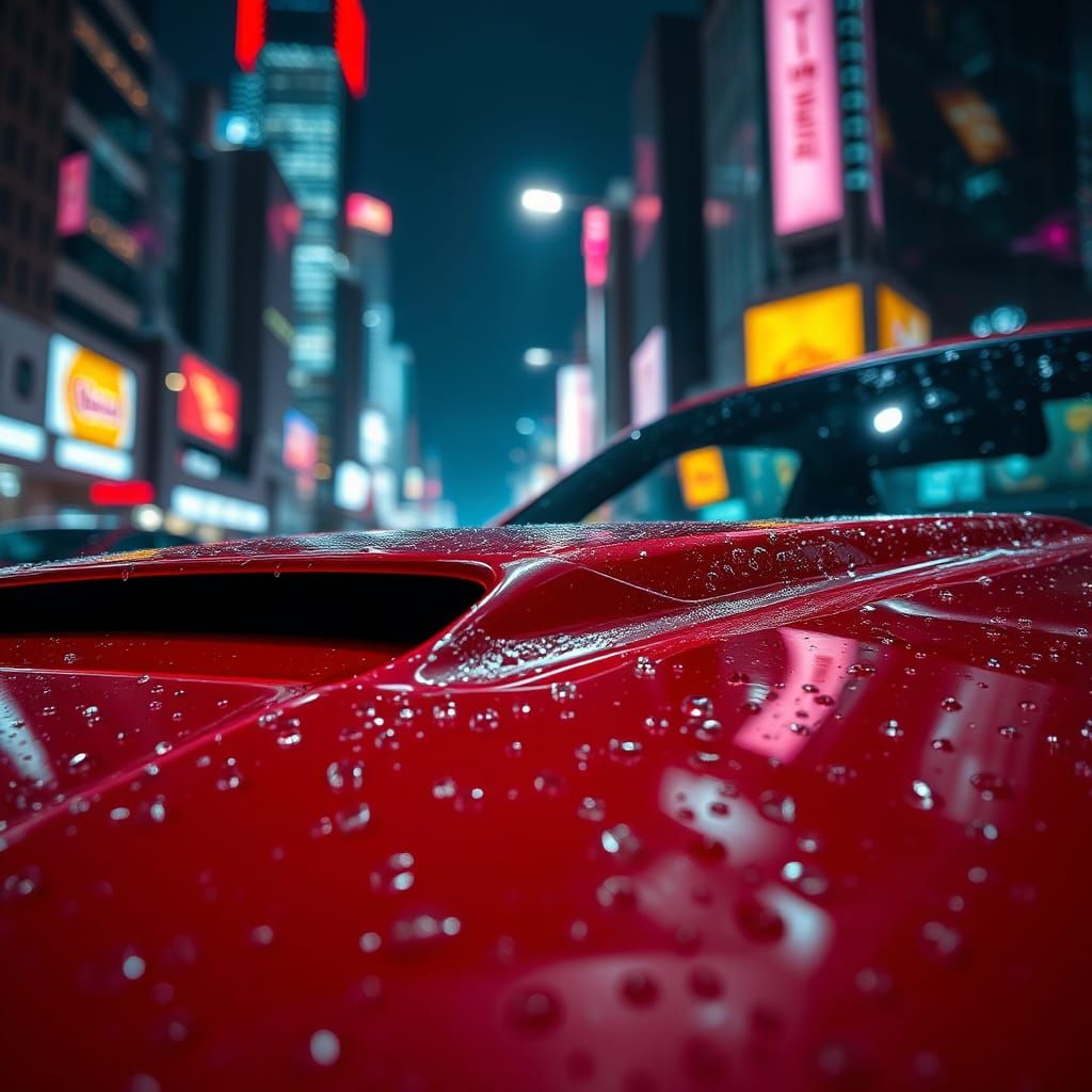 Rain-Kissed Red Mustang: Hyperrealistic Automotive Close-Up
