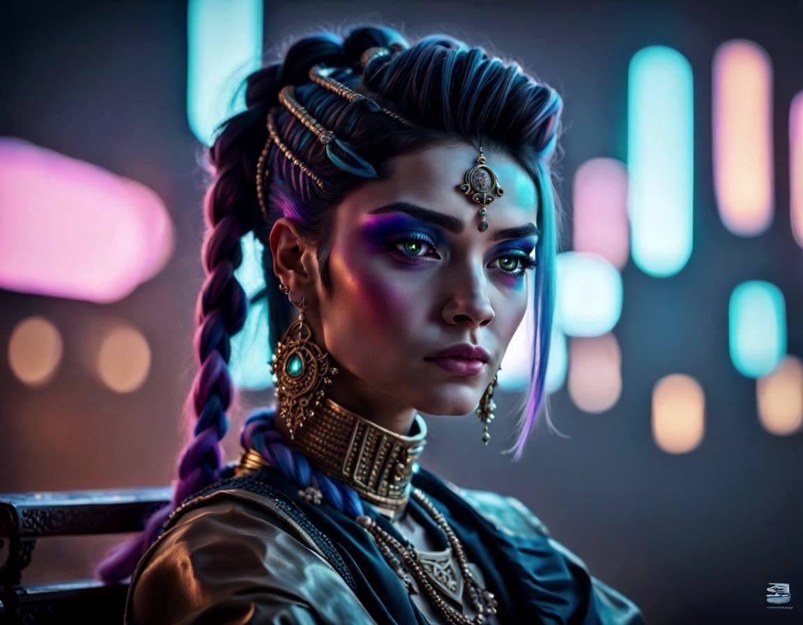 Persian Princess on Desert Throne in Cyberpunk Style