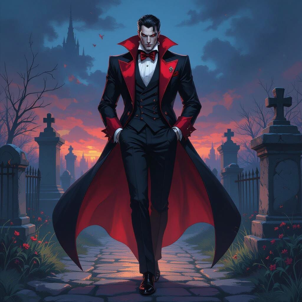 Mysterious Count Dracula Strolls Near Graveyard