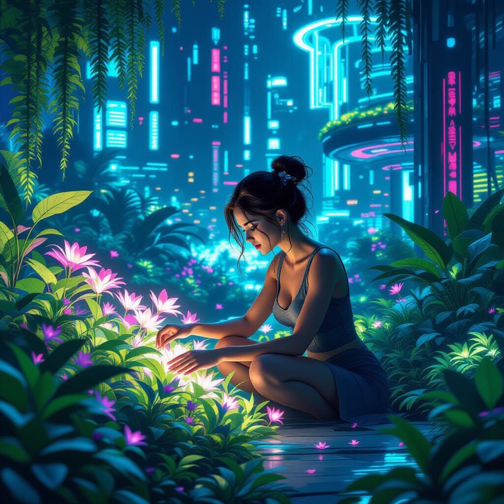 Bioluminescent Garden in Cyberpunk Style