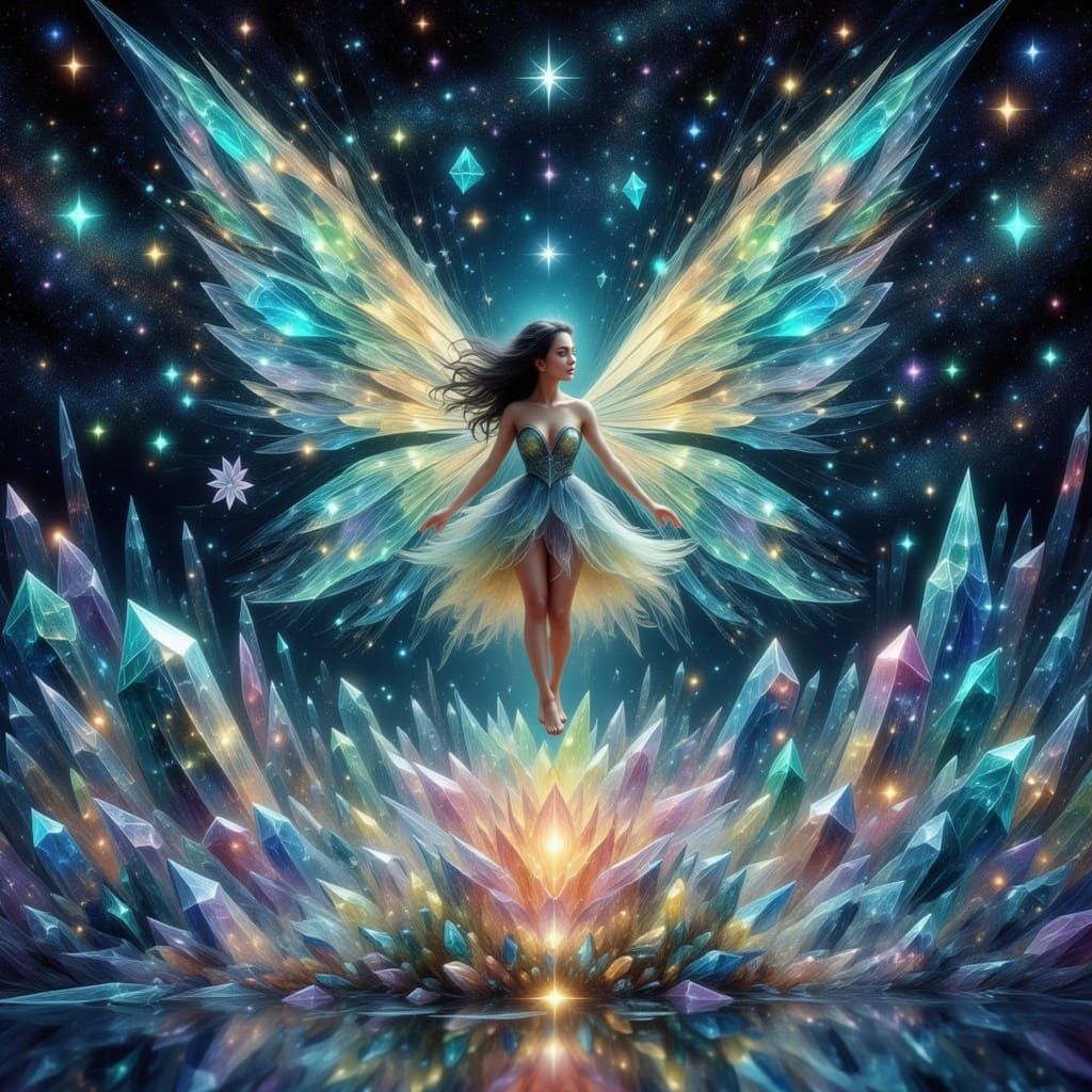 Fairy in Crystal Garden with Iridescent Wings