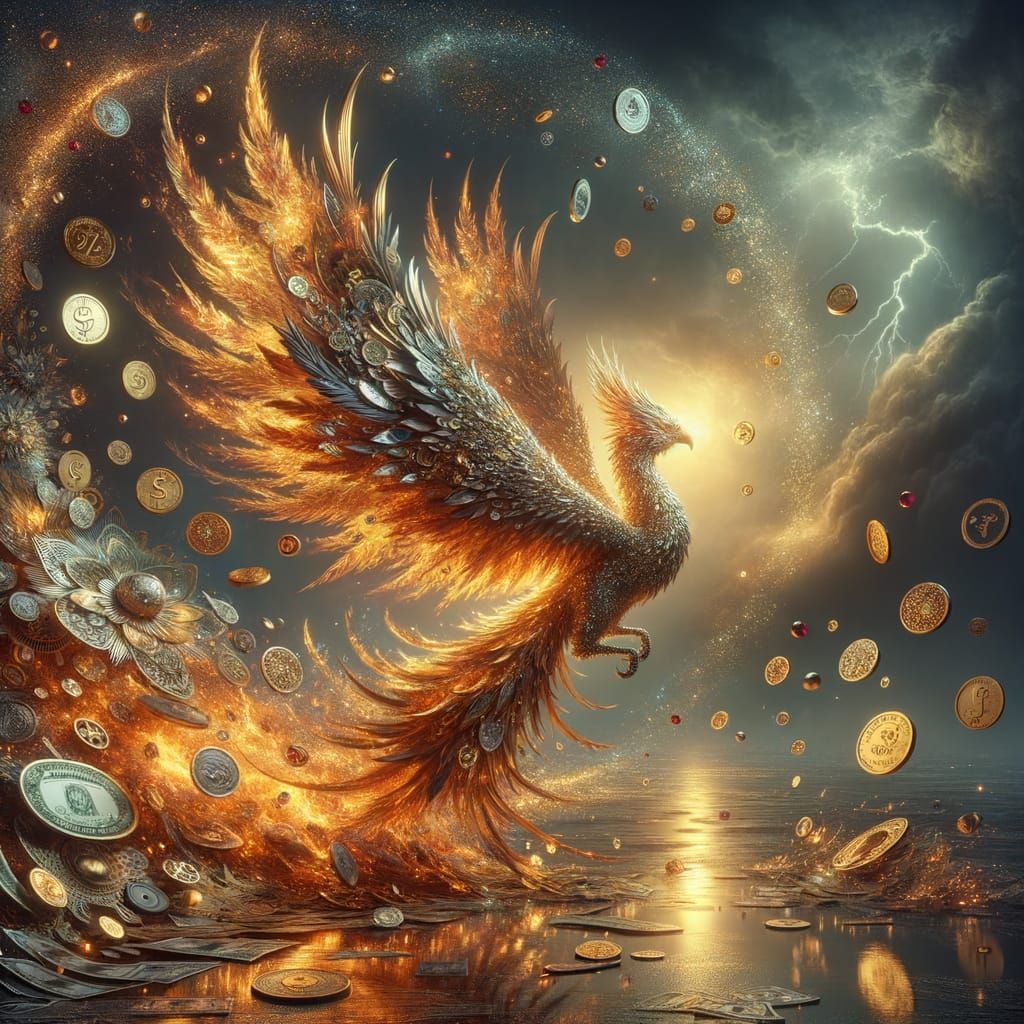 Phoenix of Gold Coins and Currency Rises from Flames