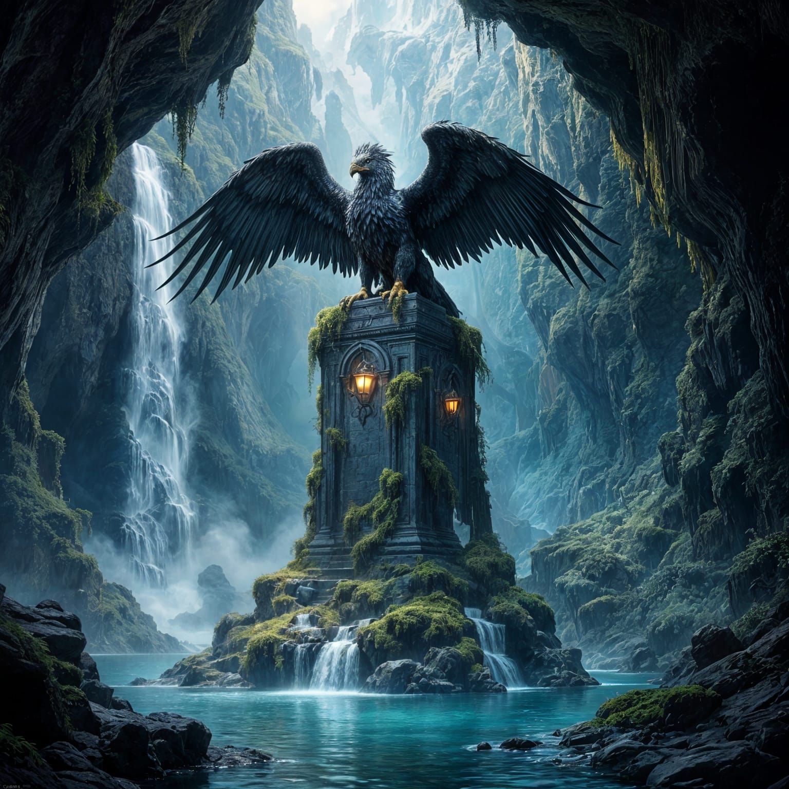 Majestic Griffin on Ancient Monument in Bioluminescent Caver...