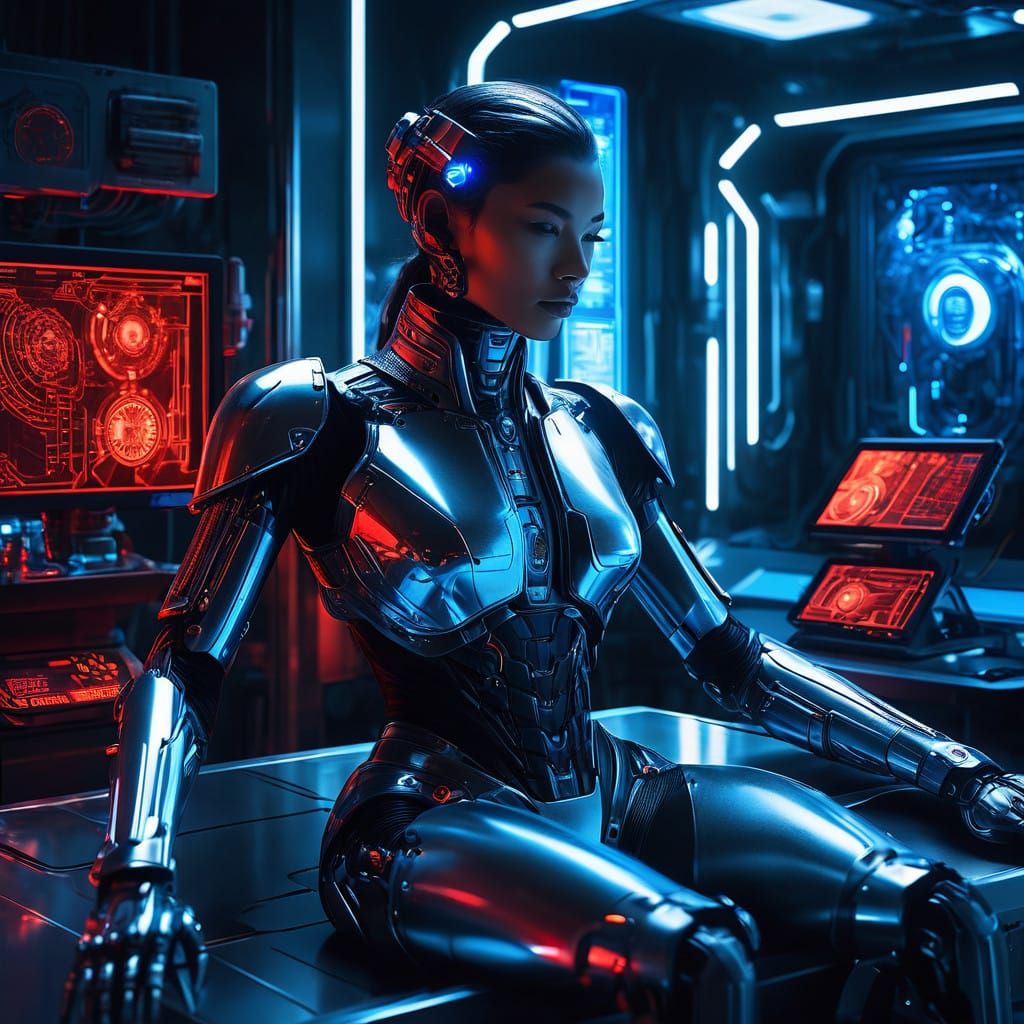 Cyborg Woman in Futuristic Repair Bay