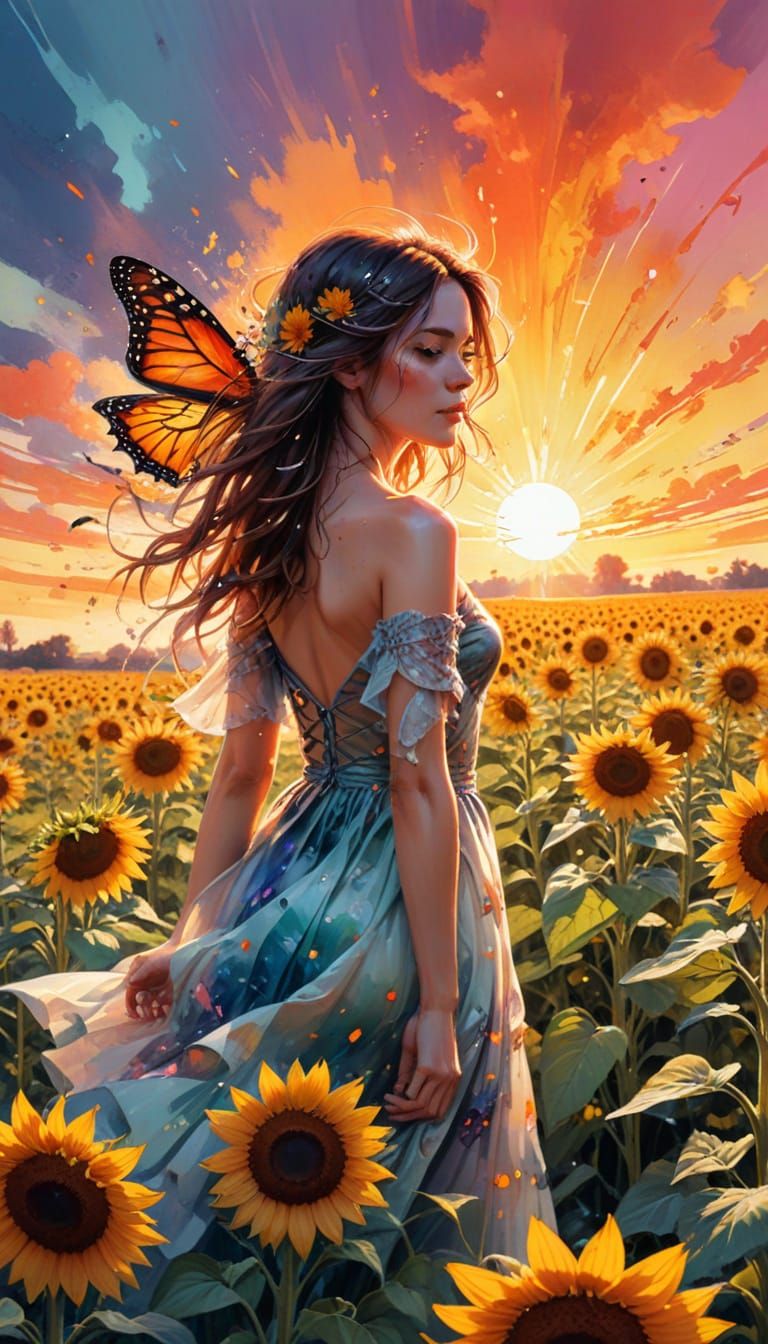 Surreal Monarch Butterfly Amidst Vibrant Sunflowers in Dream...